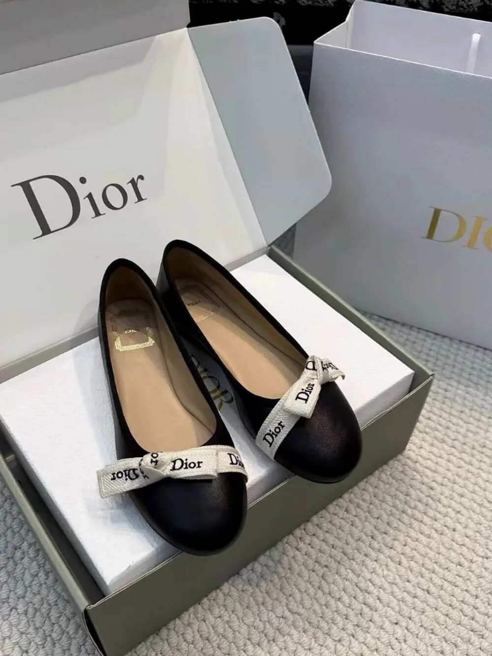 Dior Ribbon Logo Leather Ballet Flats